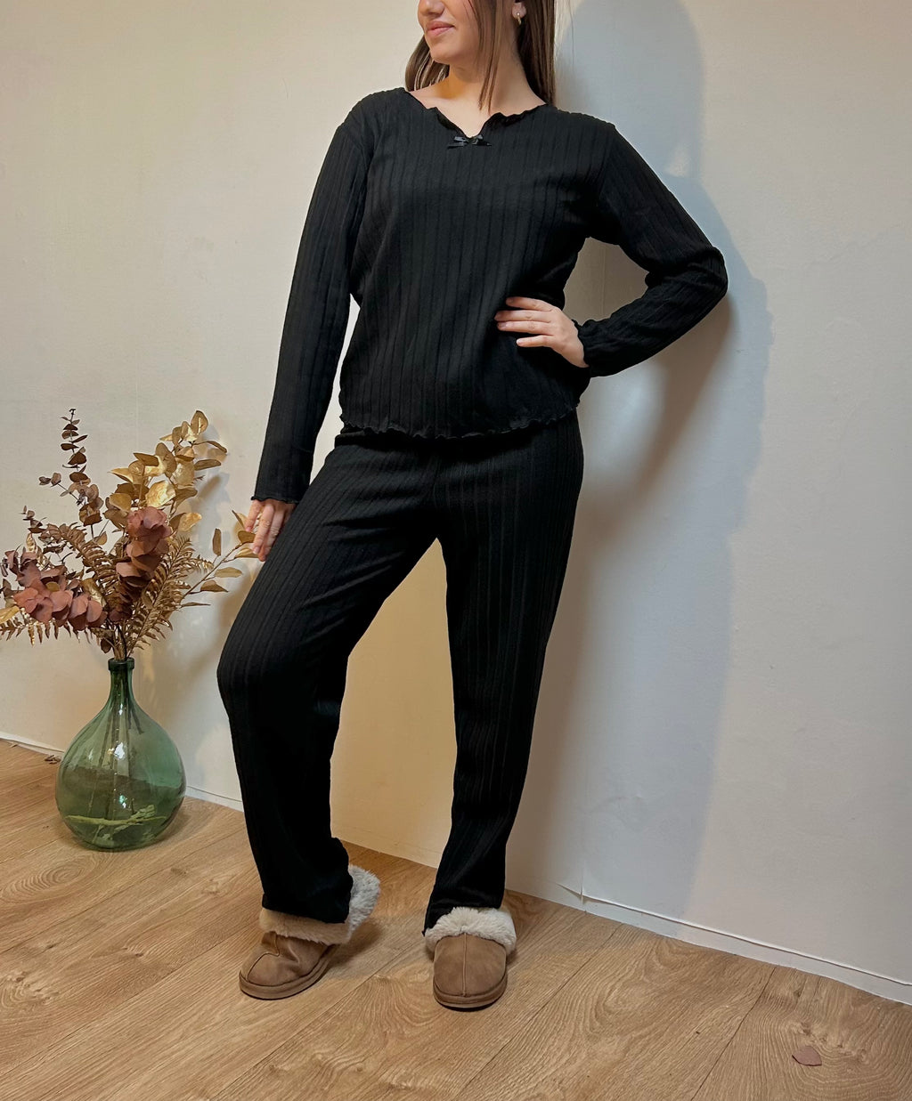 Pyjama Femme 2 Pièces Automne/Hiver – Haut Manches Longues et Pantalon Côtelé